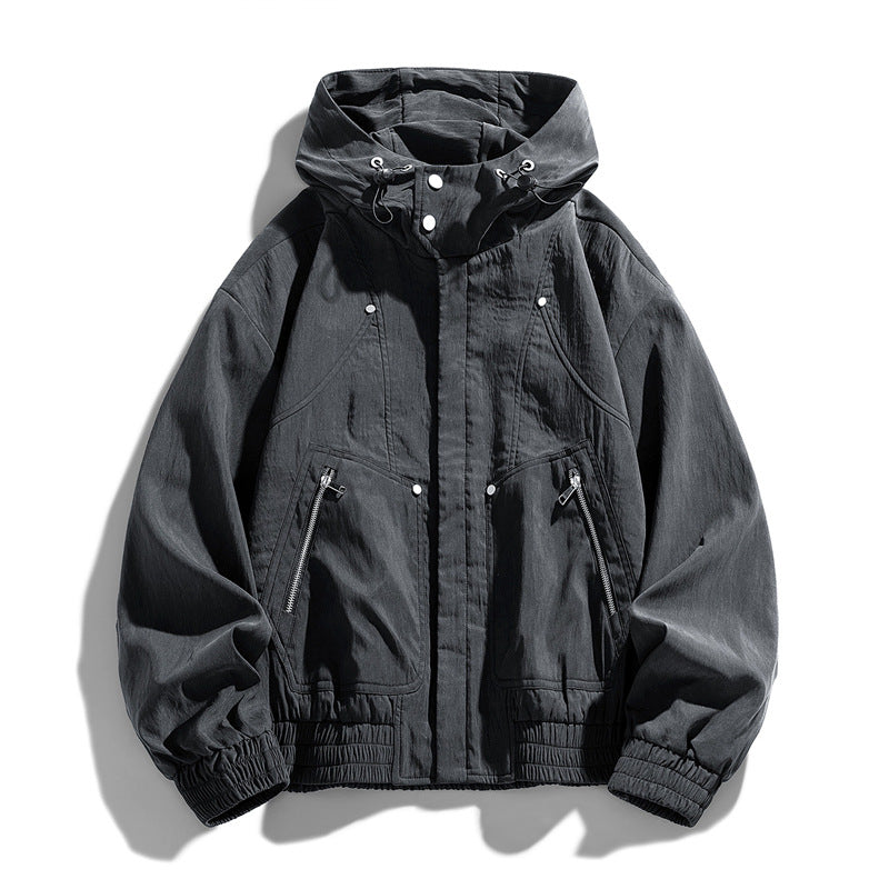Męski Oversize Płótno Utility Hoodie Kurtka z Hidden Snap Guzik Placket i Kieszenie na zamek