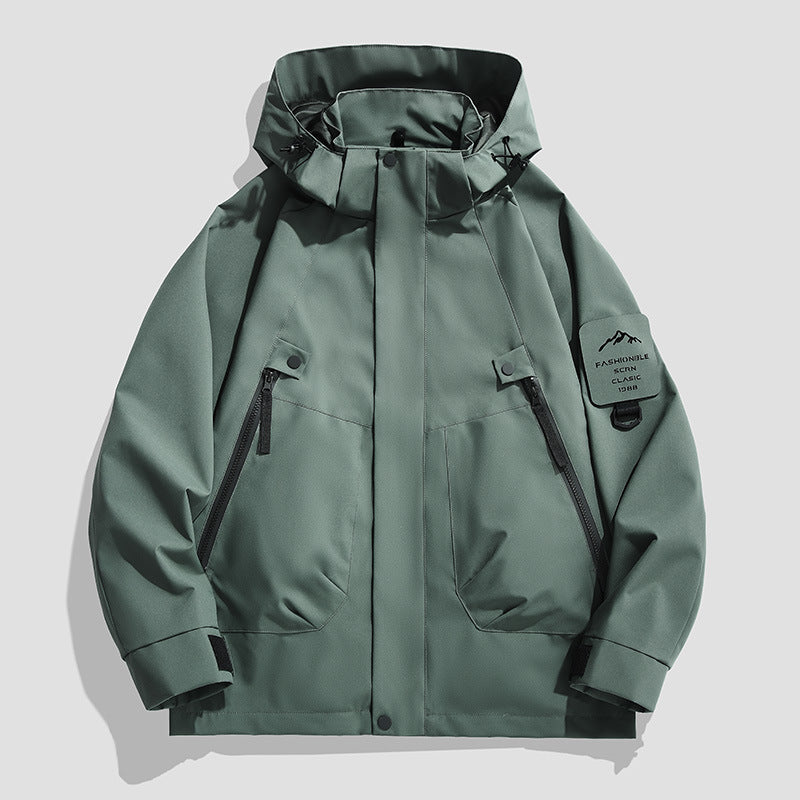 Męski Wodoodporny Utility Kurtka softshell z Kaptur, Diagonal Kieszenie na zamek &amp; Regulowany Rękaw Straps