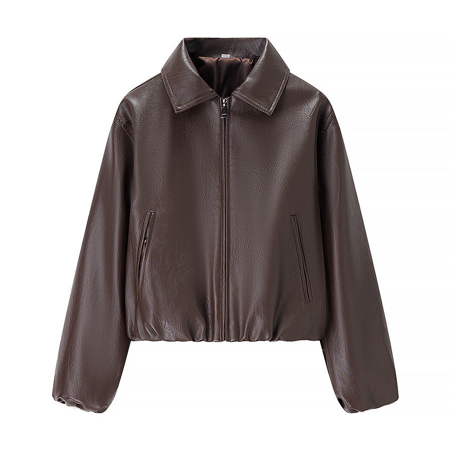 Damska krótka leather imitation blouson z zamkiem błyskawicznym i elastic dołem Lumaza