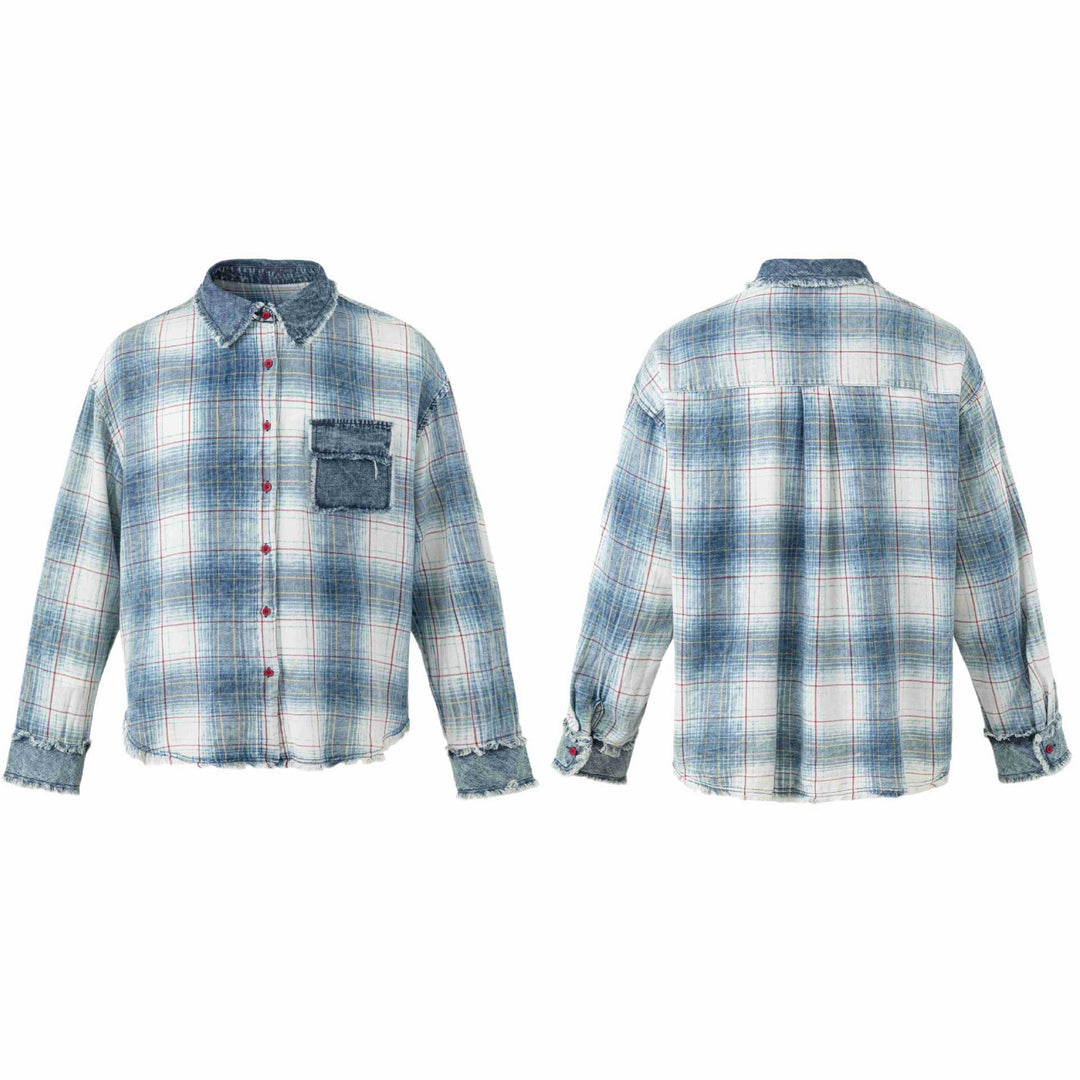 Damska Oversize W kratę Kurtka koszulowa z Denim Applications i Postrzępiony Krawędzie