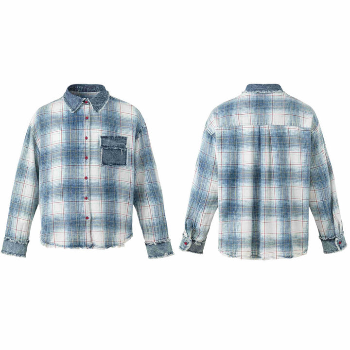 Damska Oversize W kratę Kurtka koszulowa z Denim Applications i Postrzępiony Krawędzie