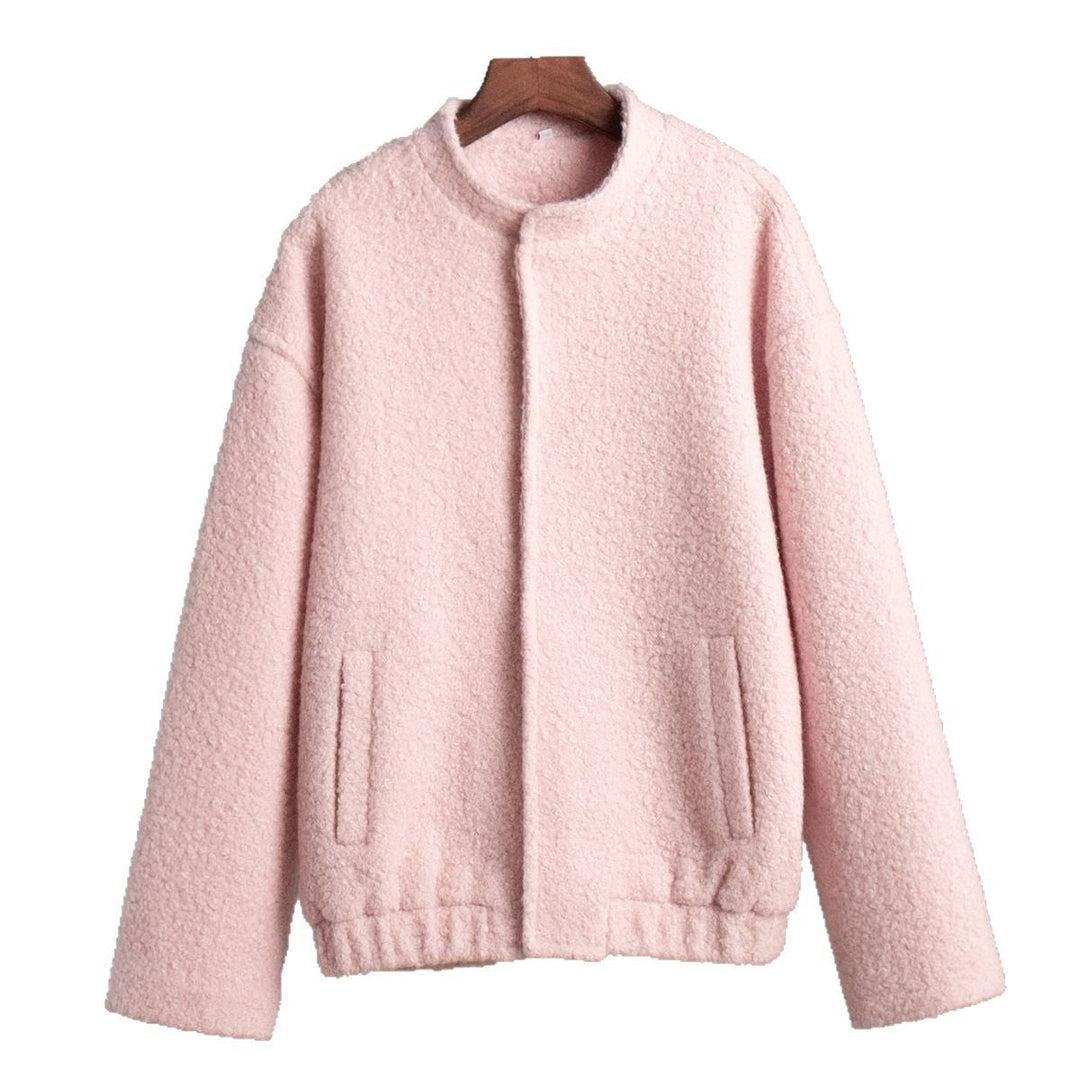 Damska teddy kurtka in bouclé look z round neck, oversize krój i insert kieszeniami Lumaza