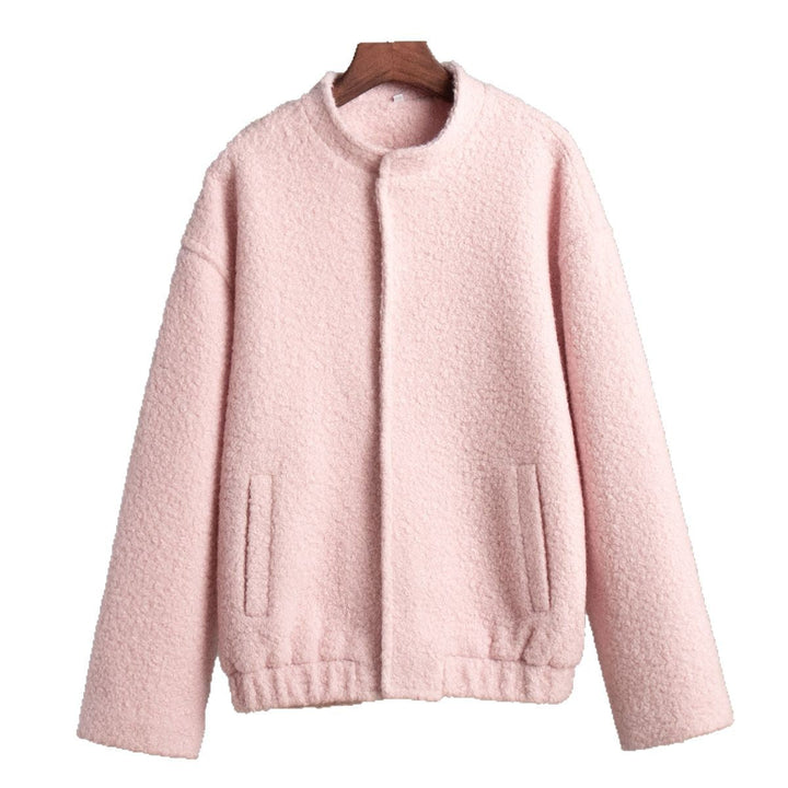 Damska teddy kurtka in bouclé look z round neck, oversize krój i insert kieszeniami Lumaza