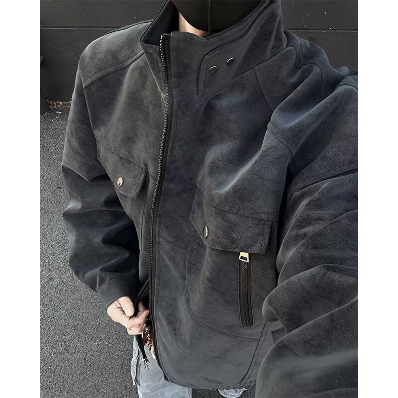 Męski Oversized Suede-Look Utility Kurtka z High Stójka