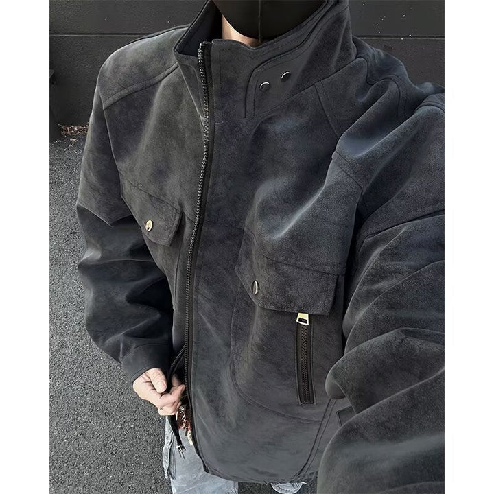 Męski Oversized Suede-Look Utility Kurtka z High Stójka