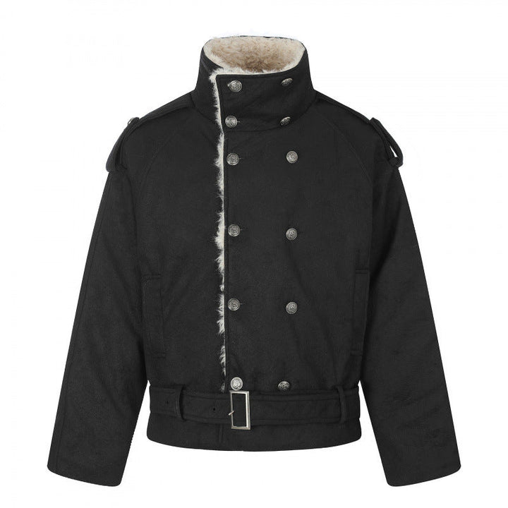 Męska krótka krój double-breasted aviator kurtka z teddy lwwg, stójką i waist belt