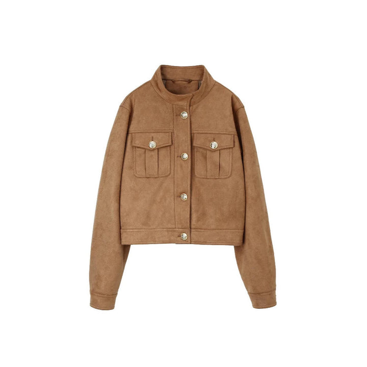 Damska krótka kurtka made of suede look z ze stójką i z naszywanymi kieszeniami Lumaza