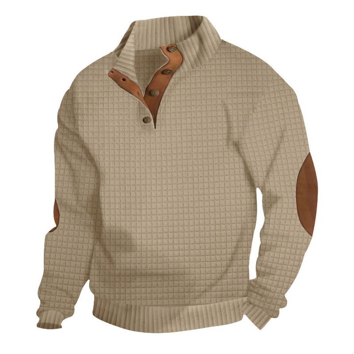 Męska waffle structure troyer z Stójka, Listwa guzikowa i nappa skóra elbow patches