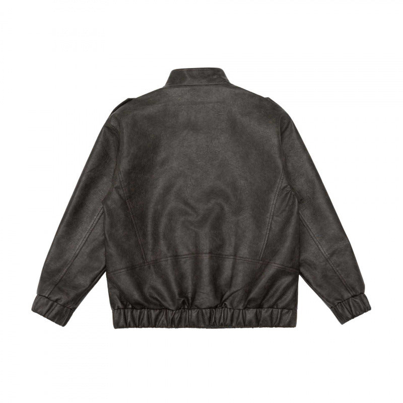 Męska boxy imitacja skóra Blouson z stójką, Shoulder Epaulettes i elastycznym dołem
