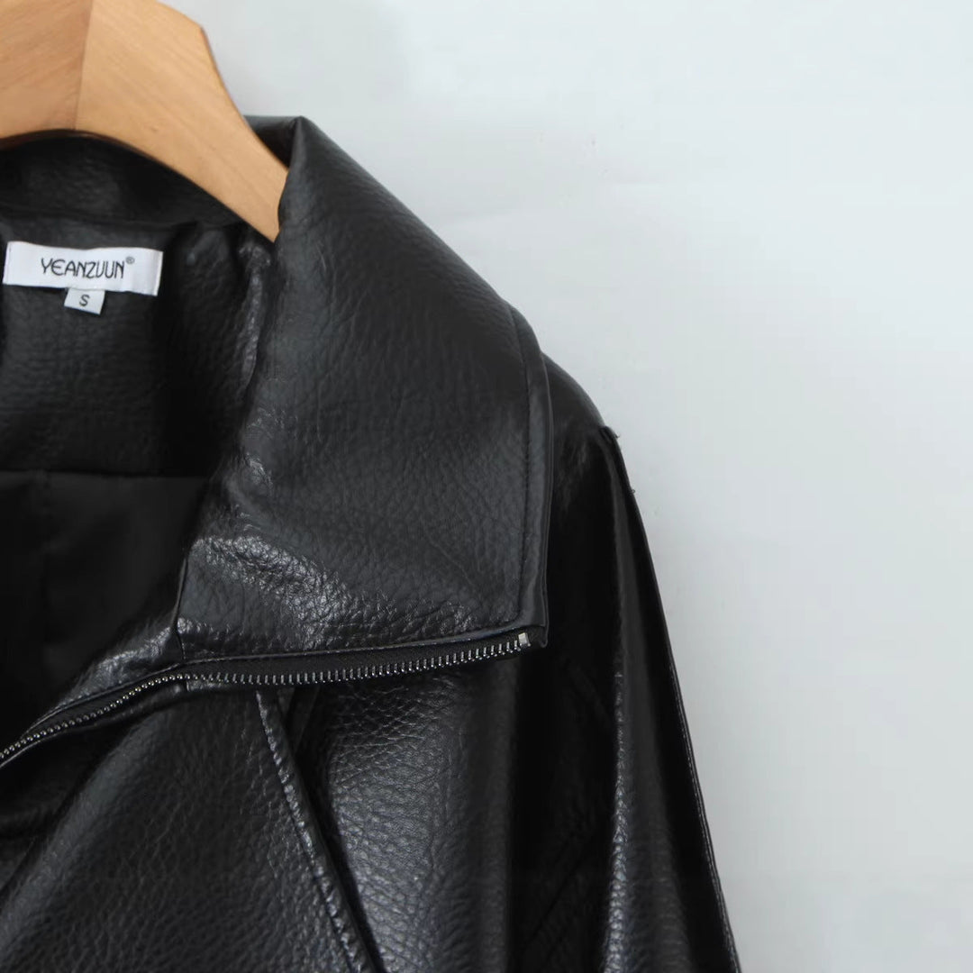 Damska oversize Leather kurtka z Asymmetrical zamkiem błyskawicznym i Wide kołnierzem Lumaza