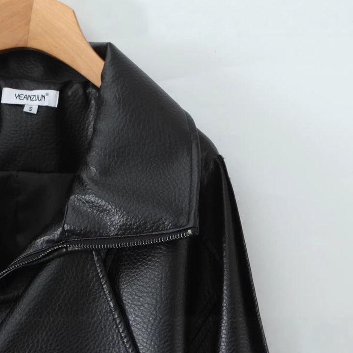 Damska oversize Leather kurtka z Asymmetrical zamkiem błyskawicznym i Wide kołnierzem Lumaza