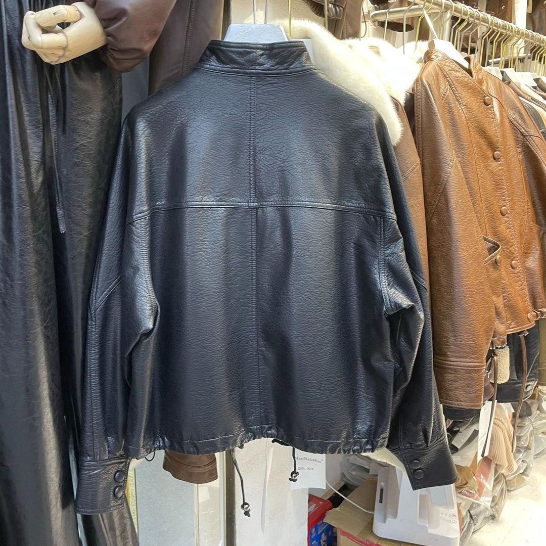 Damska krótka Leather kurtka z textured grain, ze stójką, i ściągaczem pasem Lumaza