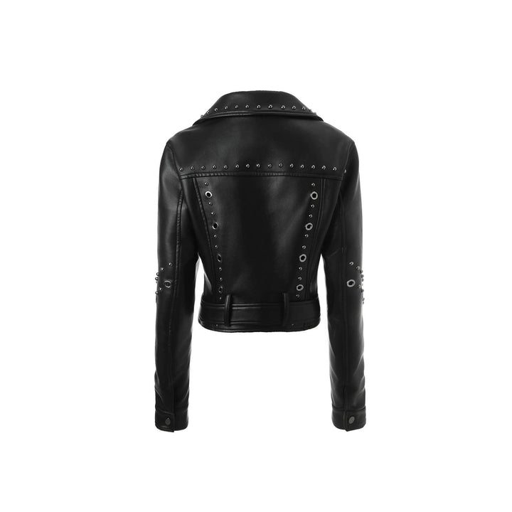 Damska krótka imitacja skóry Biker kurtka z Studded Accents i Wide Waist paskiem Lumaza
