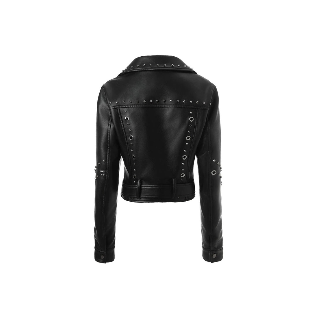 Damska krótka Studded Biker kurtka z Waist paskiem Lumaza