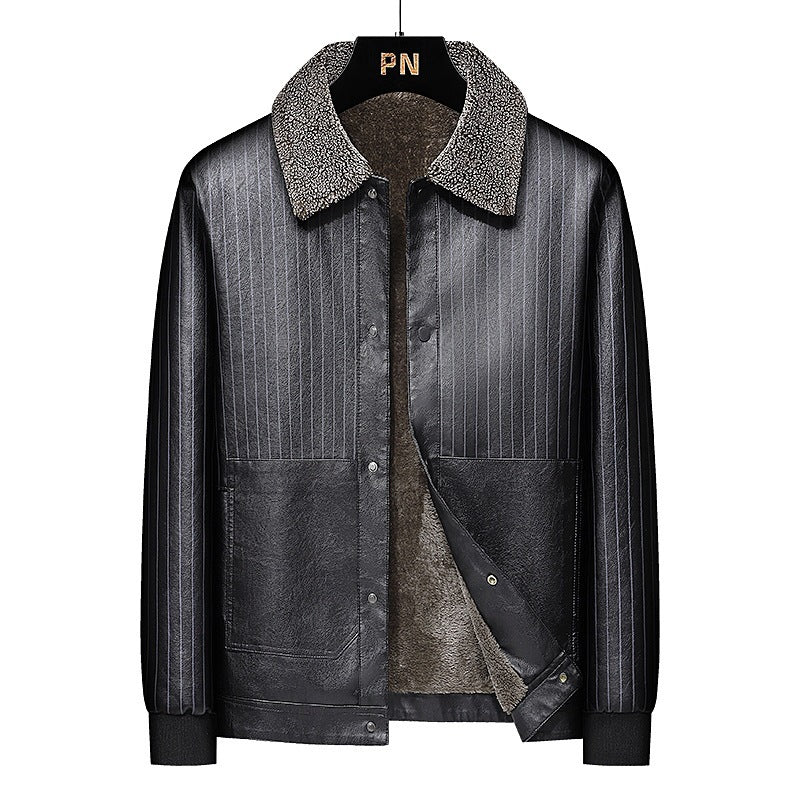 Męski Imitacja skóry Blouson z Sherpa Kołnierz, Ciepły Teddy Podszewka i Pinstripe Detal