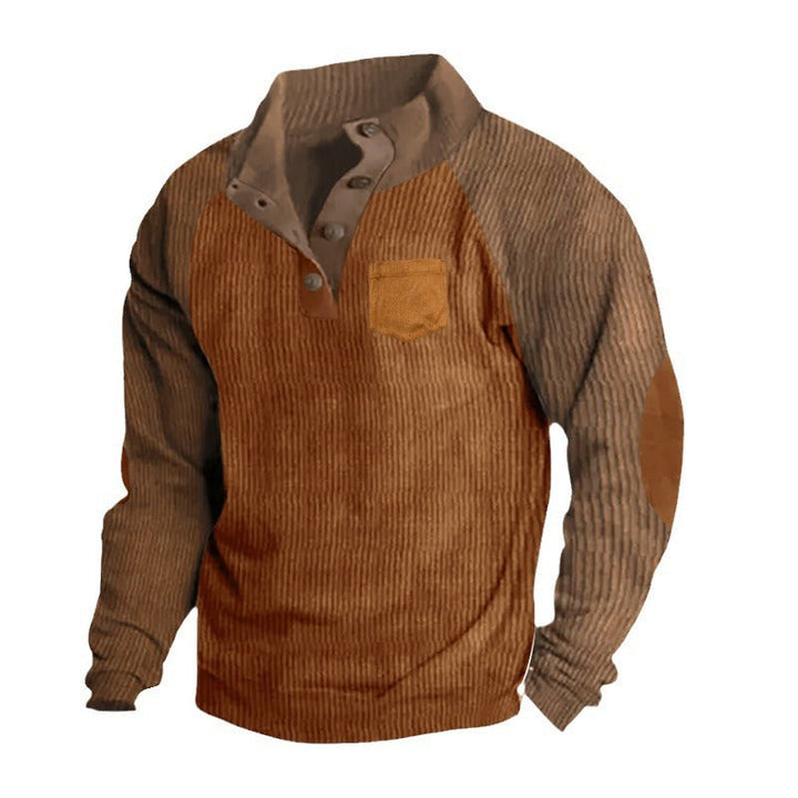 Męska Prążkowany Henley Sweter z Raglanowy Rękawy, Elbow Patches &amp; Klatka piersiowa Kieszeń
