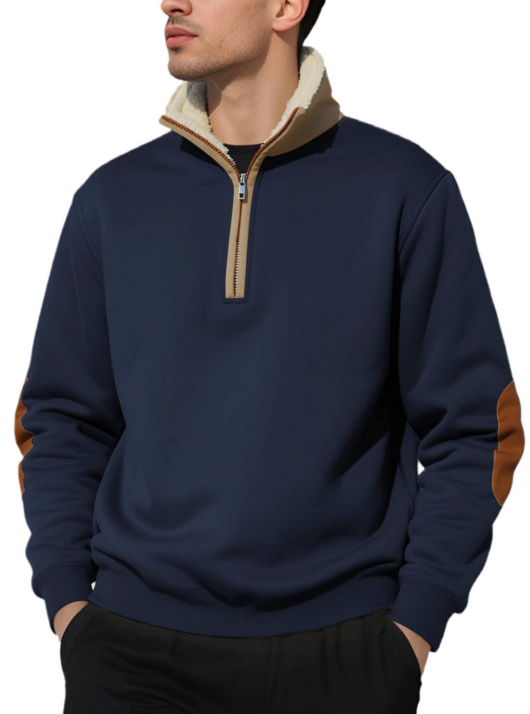 Męska nano Lekka krótki zamek bluza z sherpa lined Stójka i imitacja skóry elbow patch