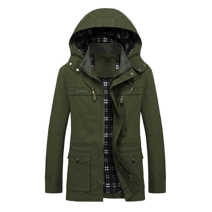 Męski Płótno Field Parka z Kaptur, Checked Podszewka i Multi-function Kieszenie