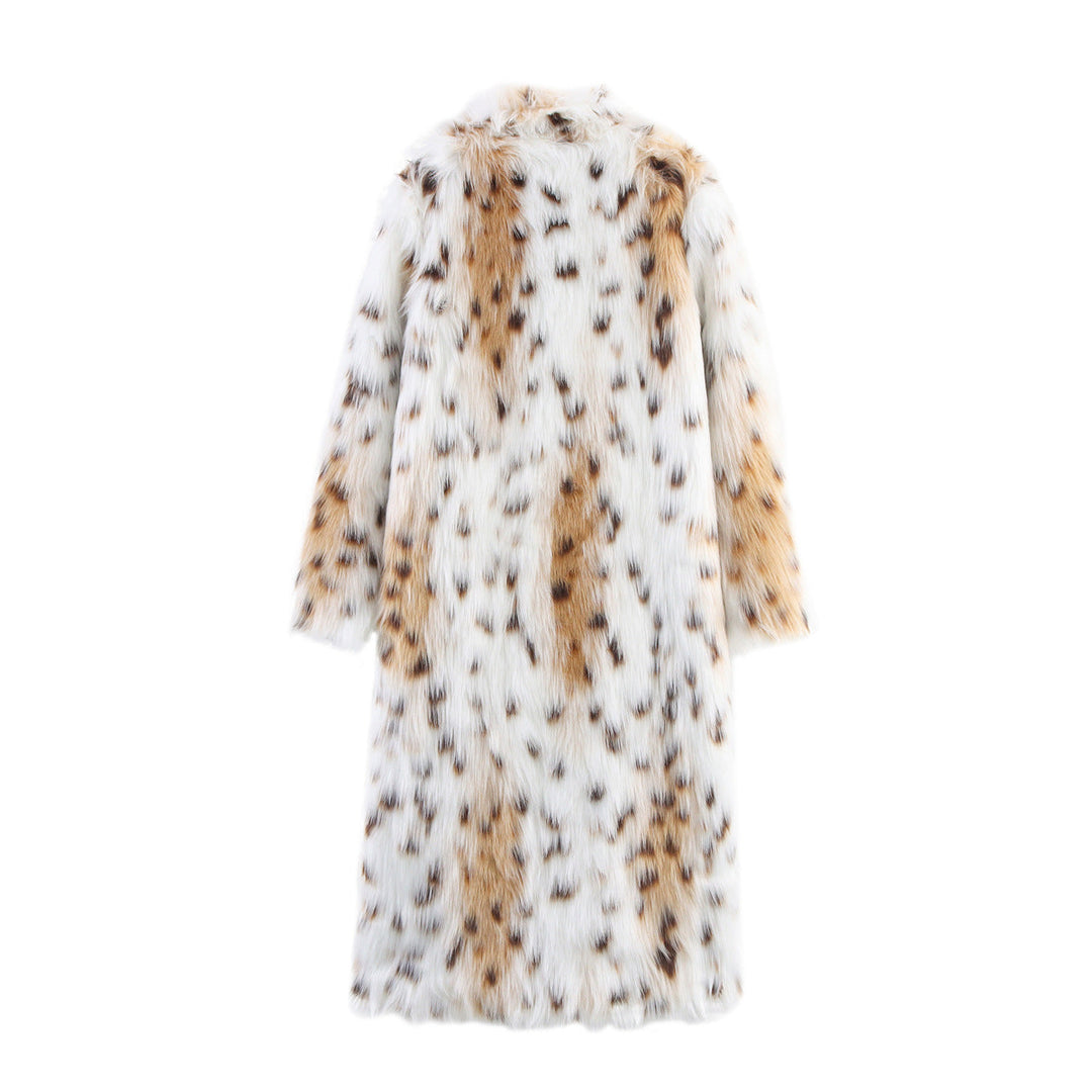 Damska Długa Oversize Sztuczne futro Płaszcz z Spotted Wildcat Print i Stójka