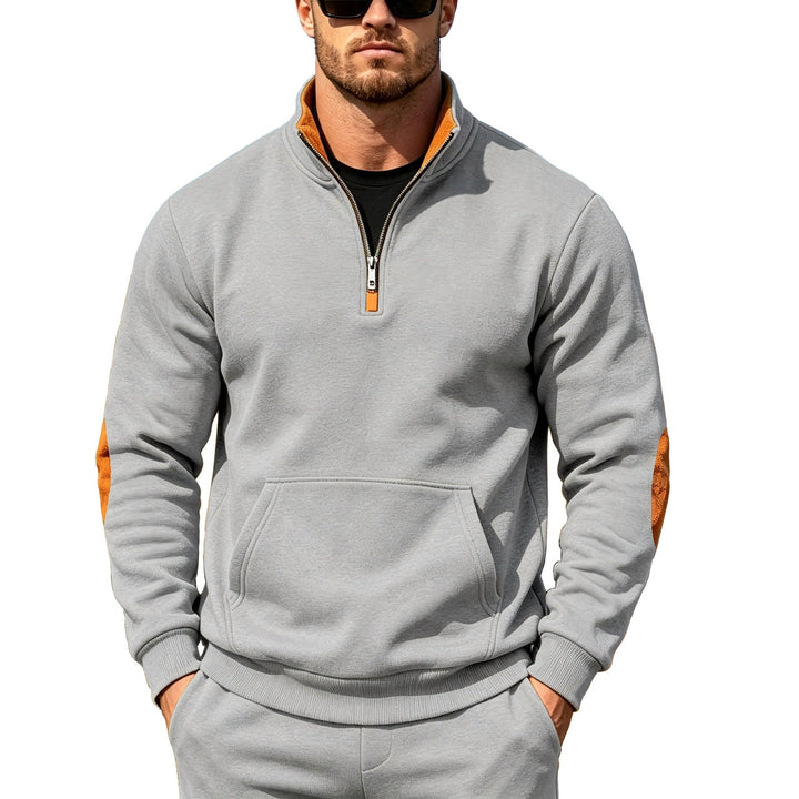 Męska Athletic Krótki zamek Bluza z Elbow Patches i Kieszeń kangurka