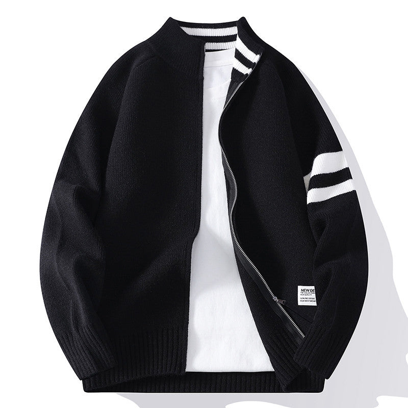 Męska dzianinowa zamek kardigan w college Styl z striped rękaw band i prążkowany Stójka