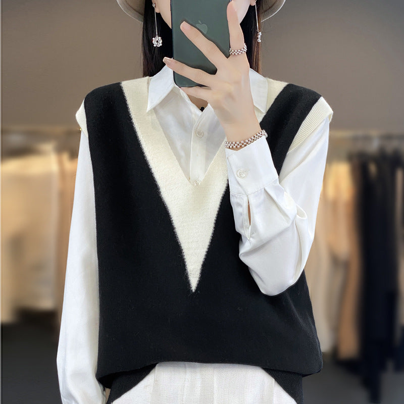Damska Structured Fine dzianinowa długa kamizelka z Deep V-Neck i Contrasting V-Panel Lumaza