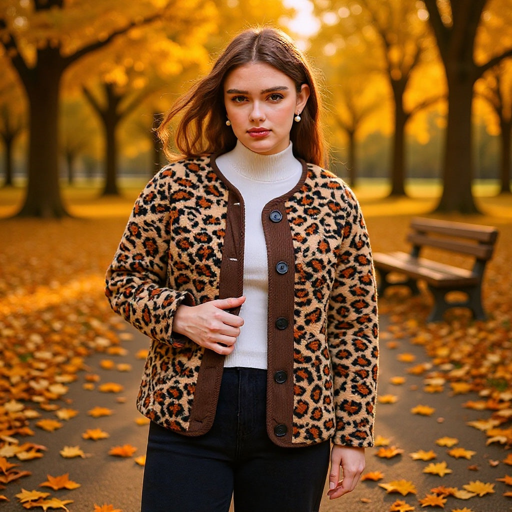 Damska krótka kurtka in teddy look z leopard print i guzikami closure Lumaza