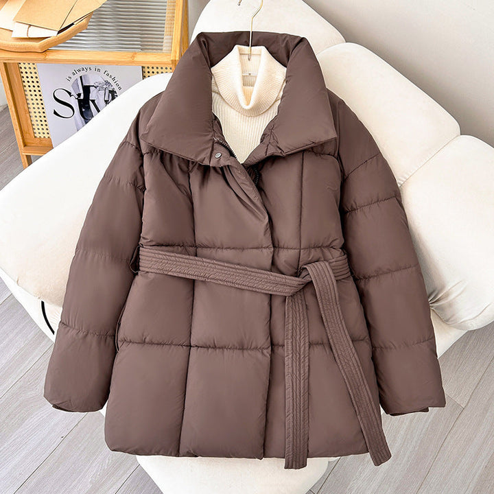 Damska pikowana winter kurtka z waist paskiem, ze stójką, i ribbed cuffs Lumaza