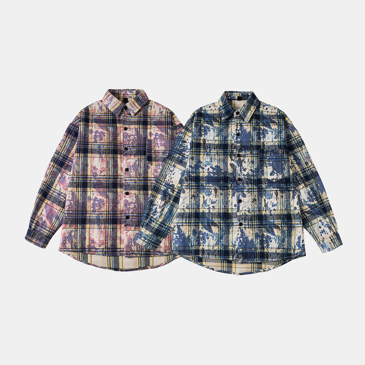 Unisex Overshirt Kurtka koszulowa w w kratę bawełna mieszanka z artistic paint efekt