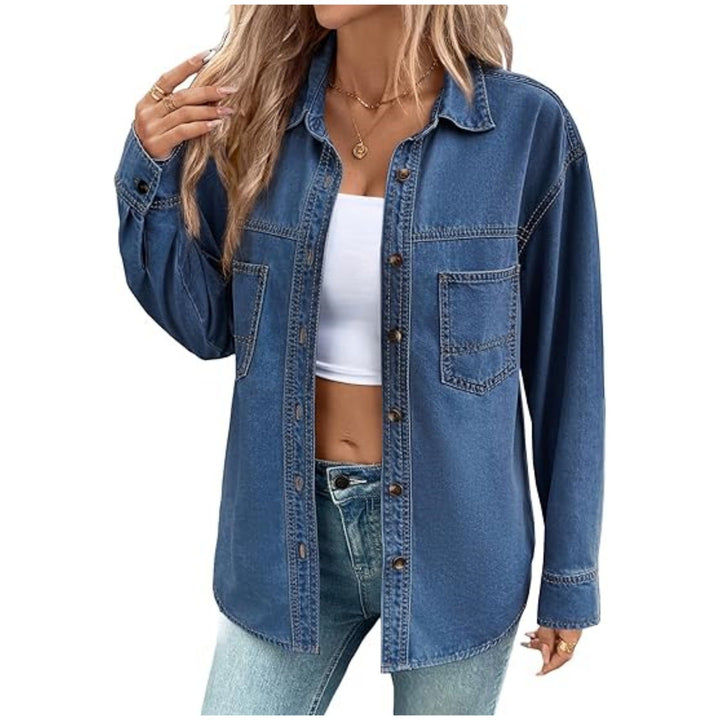 Damska oversize denimowa koszulowa kurtka in Washed Look z Chest kieszeniami i Full guzikami listwą Lumaza