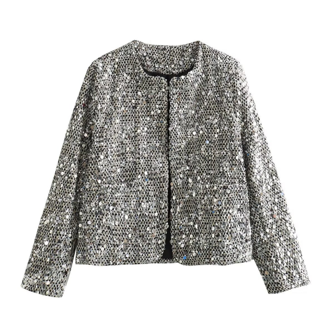 Damska krótka kurtka z sequin trim i bouclé structure Lumaza