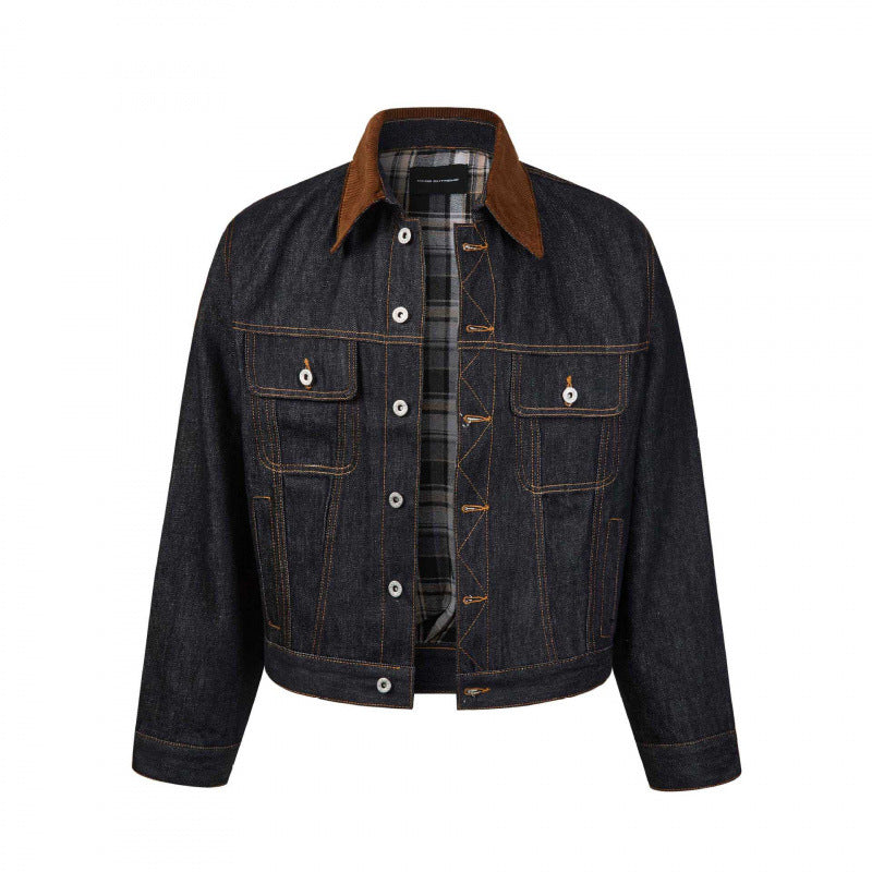 Męska boxy denim kurtka z Corduroy kołnierzem i w kratę Lwwg