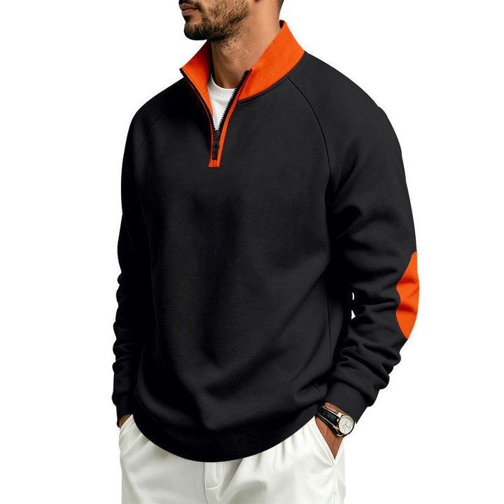 Męska bluza z krótki zamek, kontrastowy Kołnierz i elbow patches