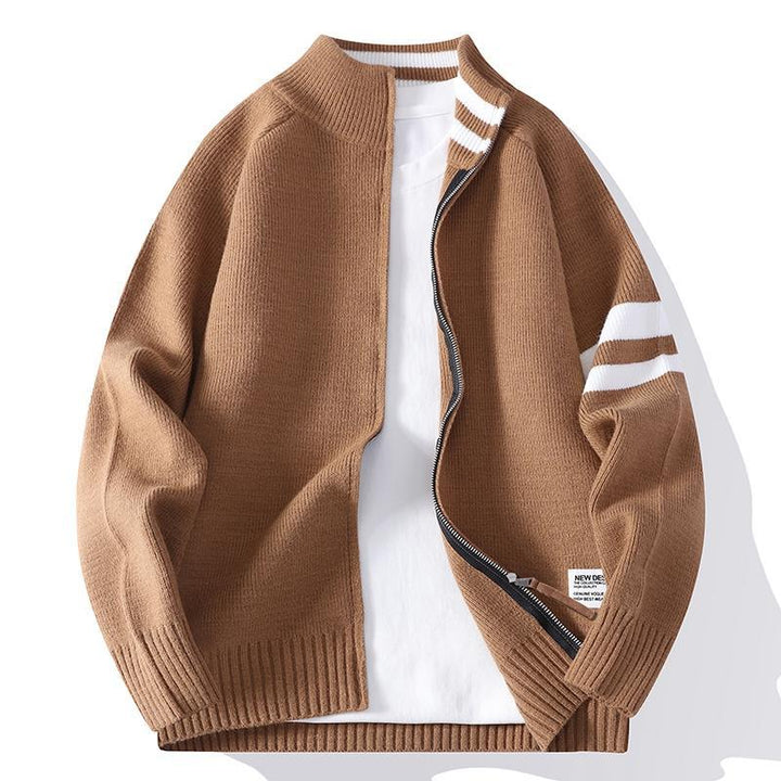 Męska dzianinowa zamek kardigan w college Styl z striped rękaw band i prążkowany Stójka