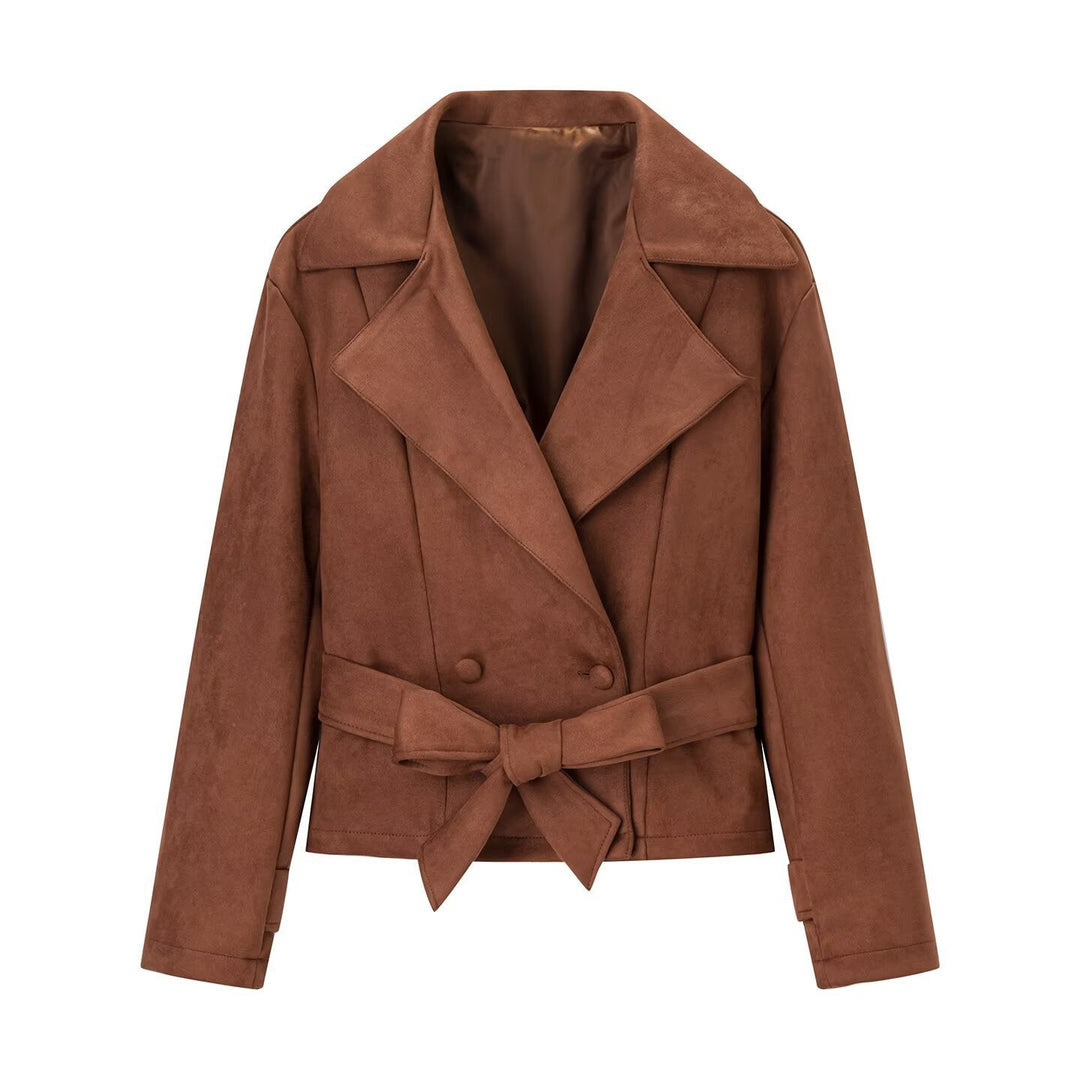 Damska krótka kurtka in suede look z waist paskiem i dużymi lapel Lumaza