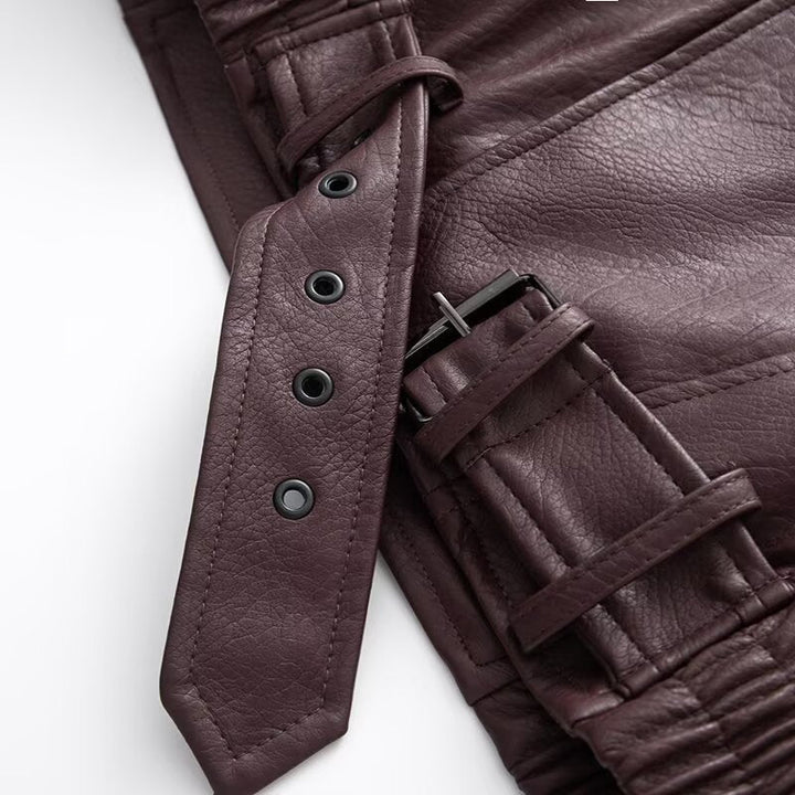 Damska Oversize Imitacja skóry Biker Kurtka z Asymmetrical Zamek, Pasek i Elastyczny Talia