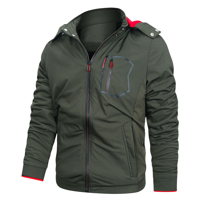 Męski softshell użytkowy kurtka z odpinany kaptur, wiatroszczelny membrana, i zippered kieszeń na piersi