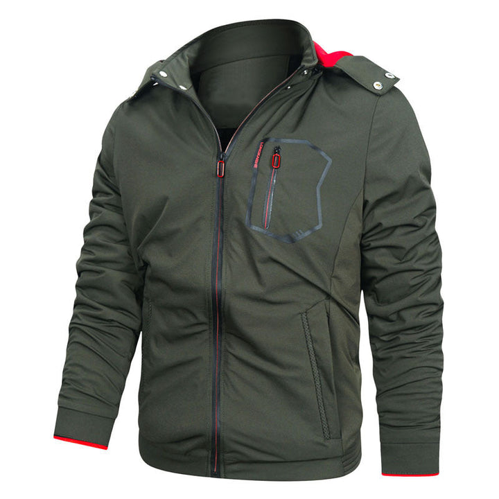 Męski softshell użytkowy kurtka z odpinany kaptur, wiatroszczelny membrana, i zippered kieszeń na piersi