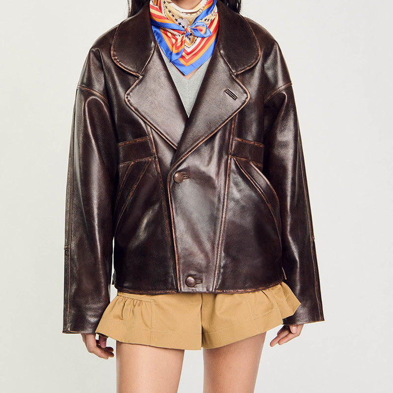 Damska krótka oversize Leather kurtka z Round kołnierzem i klapką kieszeniami Lumaza