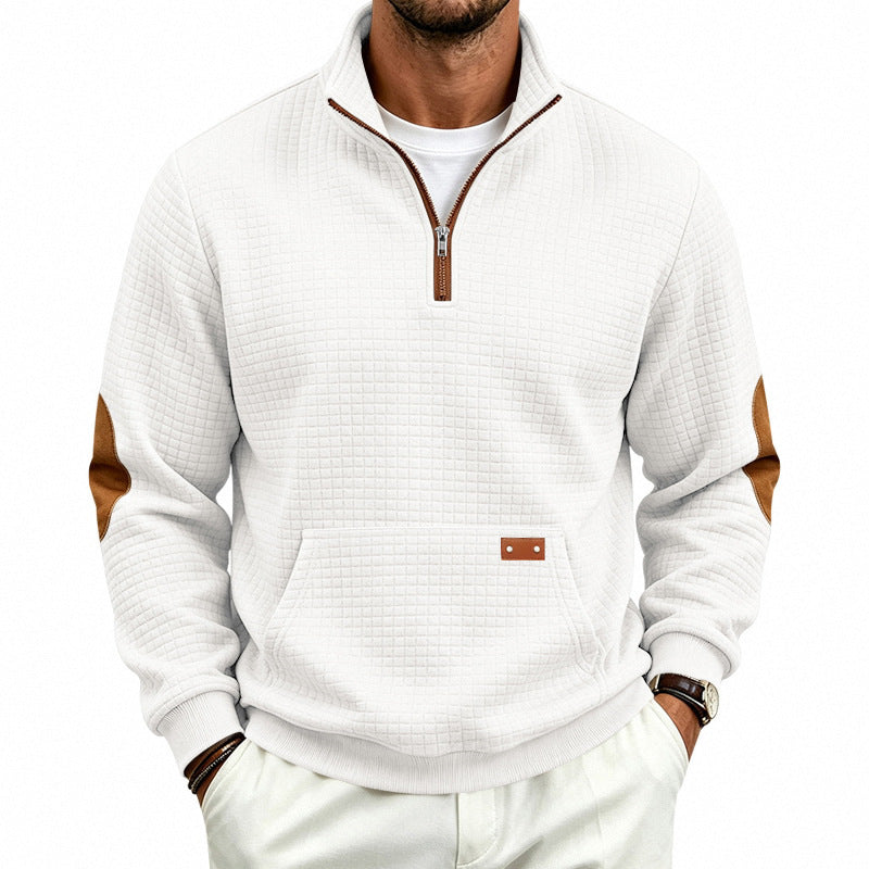 Męska Stójka krótki zamek bluza z checkered relief tekstura i imitacja skóry elbow patches