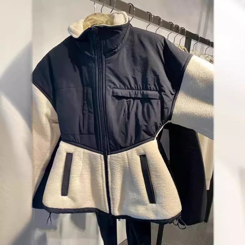 Damska hybrid polarowa kurtka z ocieplana top, ze stójką i taliowana peplum