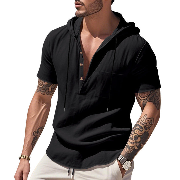 Męska Lekka krótka-sleeve z kapturem Henley wykonana z single jersey z klatka piersiowa kieszeń i kontrastowy ściągacz