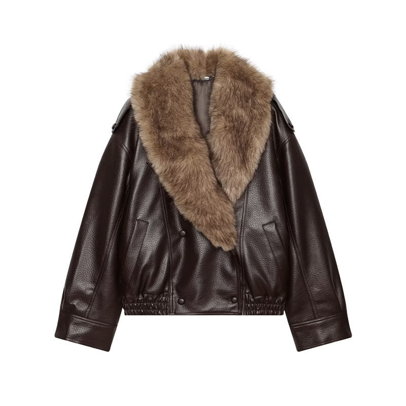 Damska krótka leather kurtka z full fur kołnierzem i elastic dołem Lumaza
