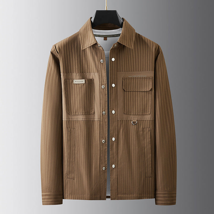 Męski użytkowy przejściowy kurtka w koszula wierzchnia styl z naszywane kieszenie i pinstripe texture