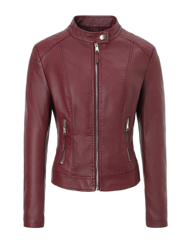 Damska dopasowana-krój Biker Leather kurtka z stójka kołnierzem Lumaza