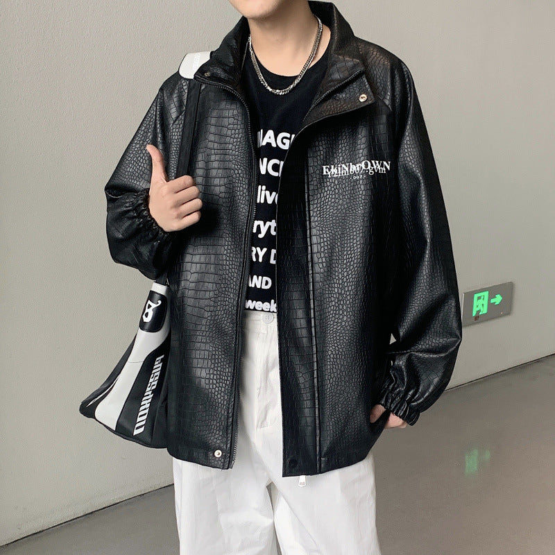 Męski Oversized Imitacja skóry Kurtka z Crocodile Embossing i Tył Logo