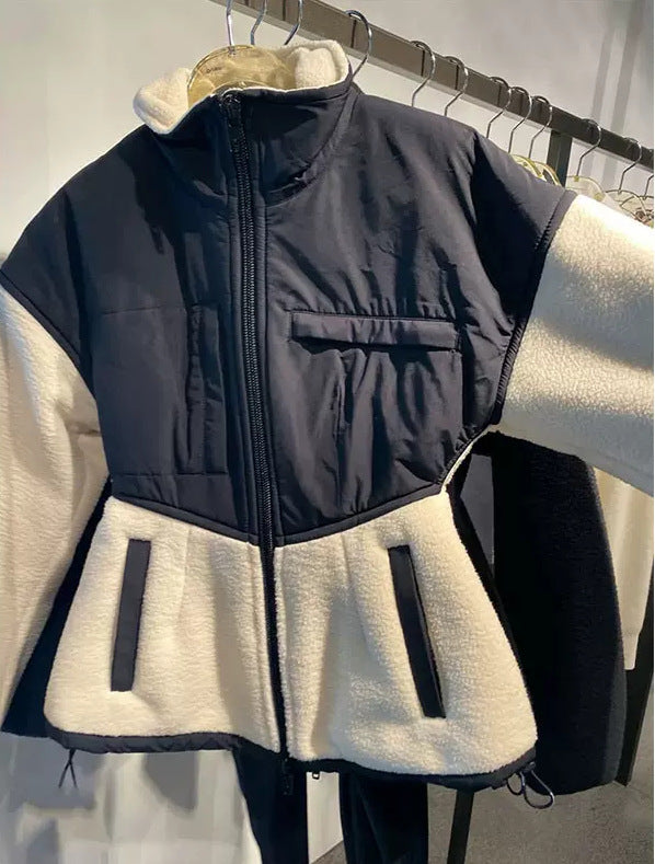 Damska hybrid polarowa kurtka z ocieplana top, ze stójką i taliowana peplum