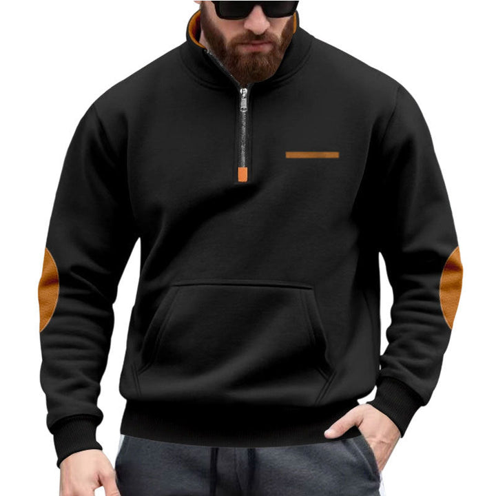 Męska krótki zamek bluza z Stójka, kieszeń kangurka, i elbow patches
