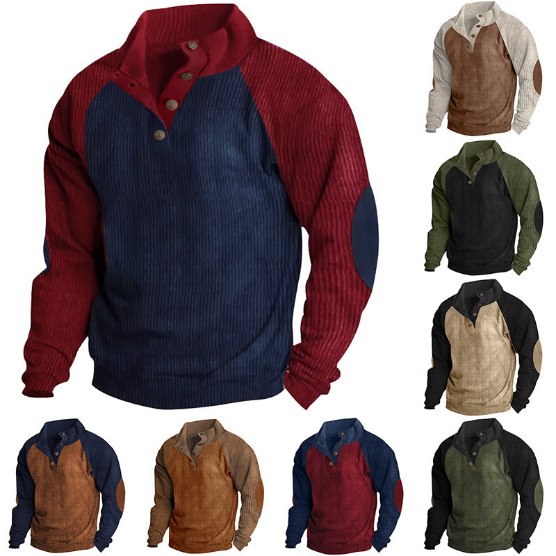 Męska Strukturalny Raglanowy Henley Pulower z Stójka, Elbow Patches &amp; Listwa guzikowa