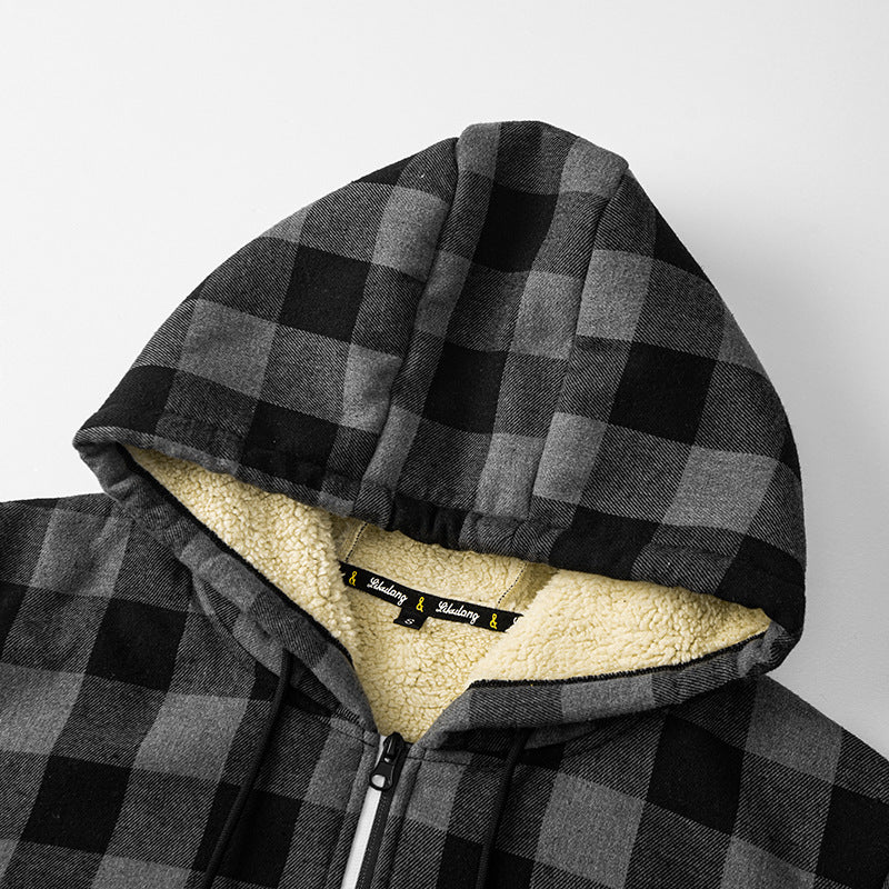 Męska checkered teddy polar kurtka z kapturem z Sherpa Podszewka i zamek